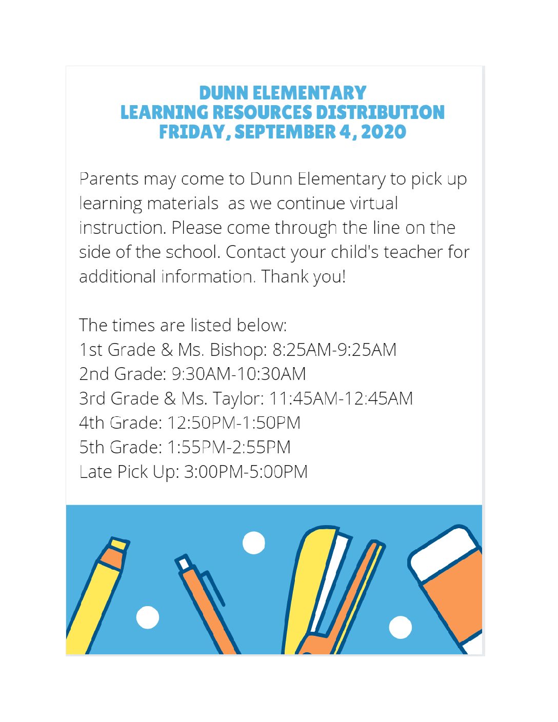 LEARNING RESOURCES DISTRIBUTION FLYER – Dunn Elementary School